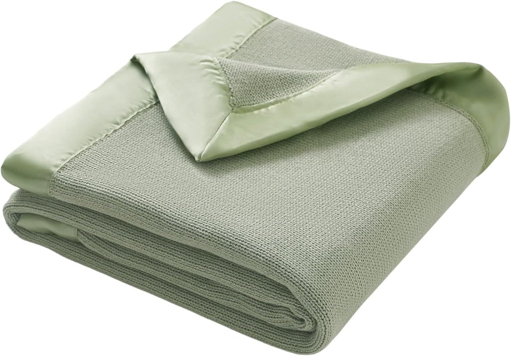 Cotton Baby Blanket with Satin Trim, Light Green, 31.5x40 inches