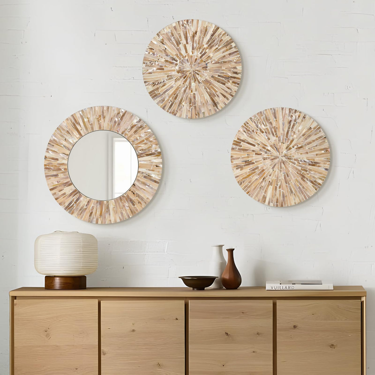 Boho Mother of Pearl Decorative Wall Mirror,Brown