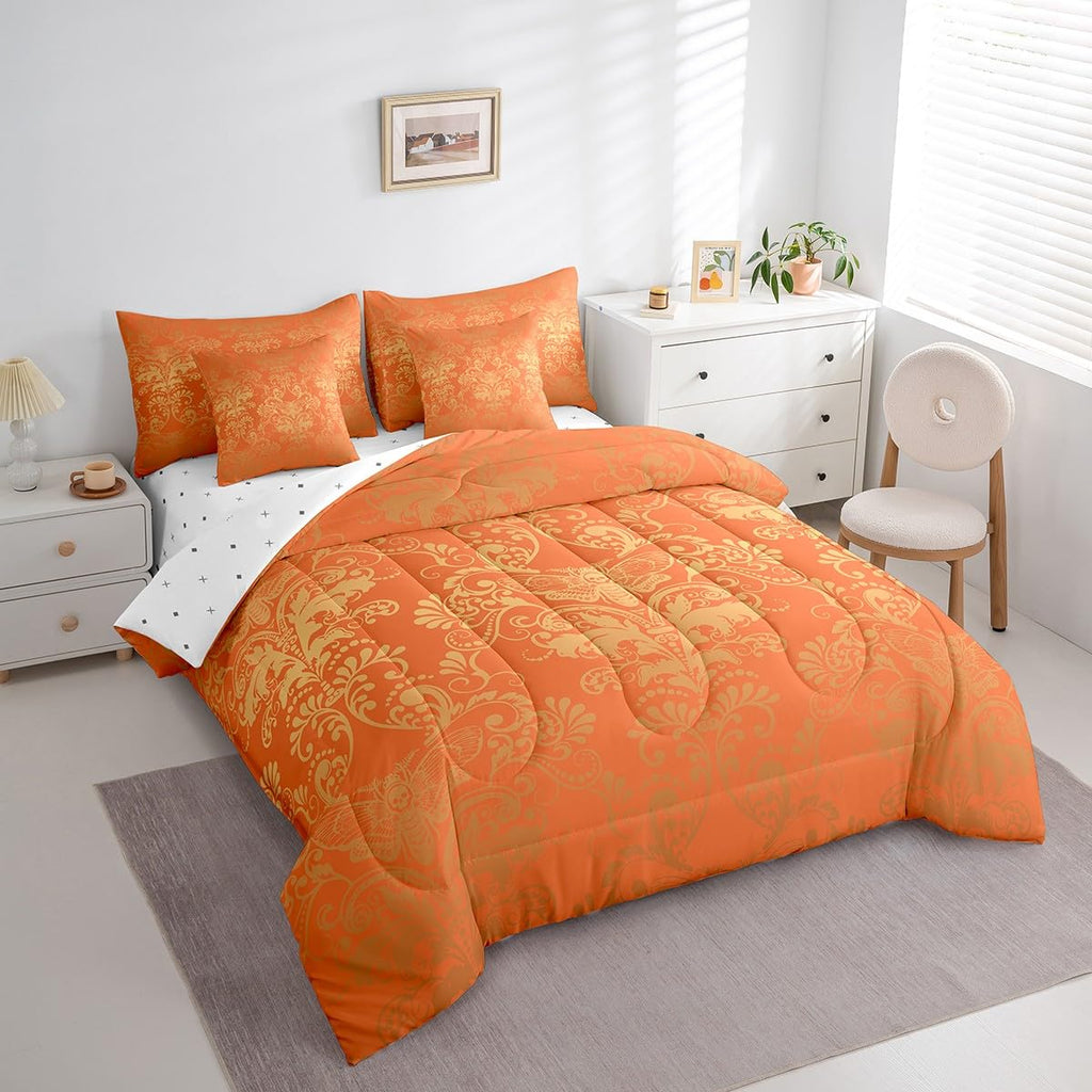 Gothic Damask 7 Piece Comforter Set Full Bed in a Bag, Exotic Moth Bedding Sets Orange and Yellow Victorian Floral
