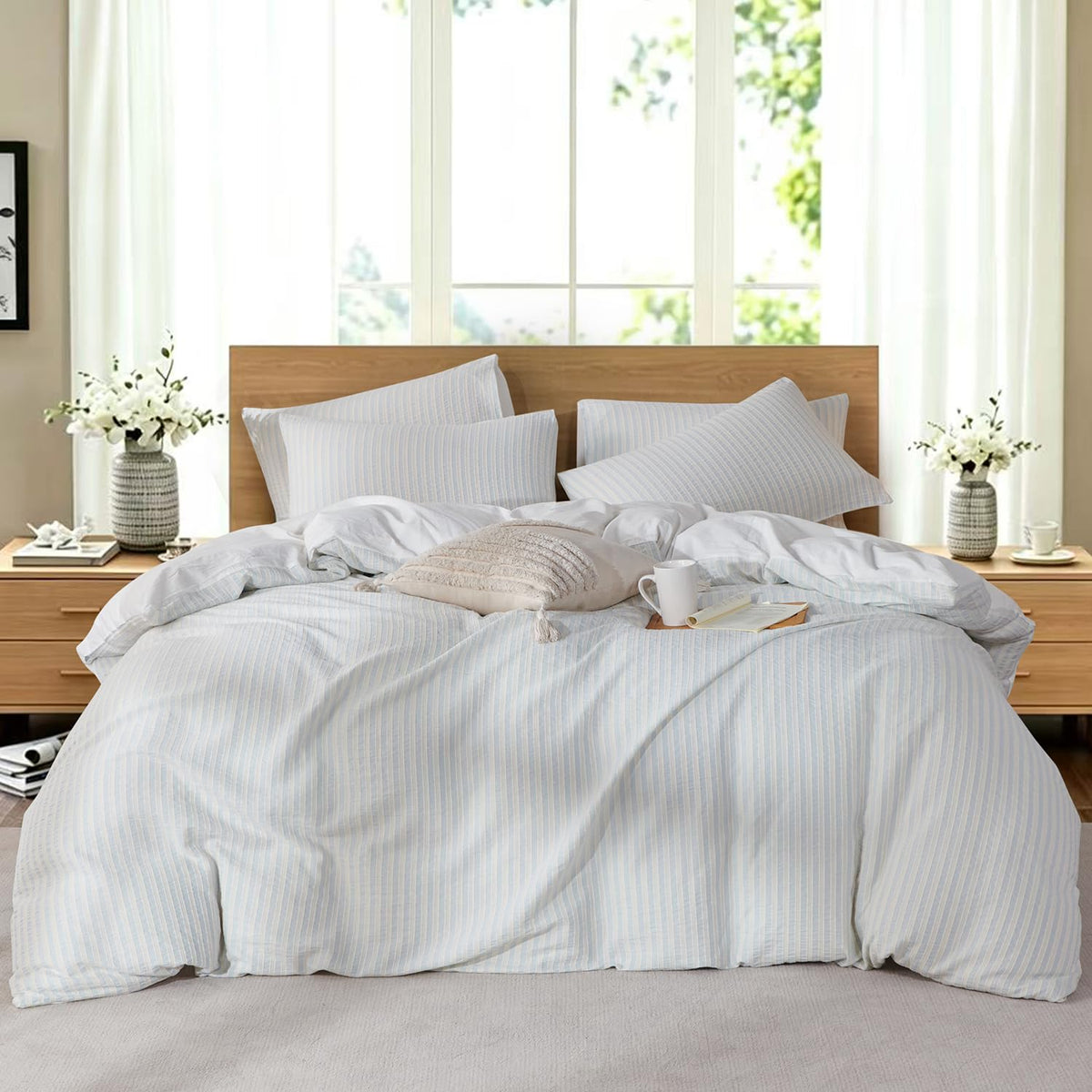 Light Blue Striped Duvet Cover Washed Cotton Jacquard 3 Pieces Bedding White Blue Vertical Ticking Stripes