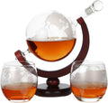 World Globe Whiskey Decanter with Dark Finished Wood Stand, Bar Funnel, and 2 Matching Glasses (850 ml)