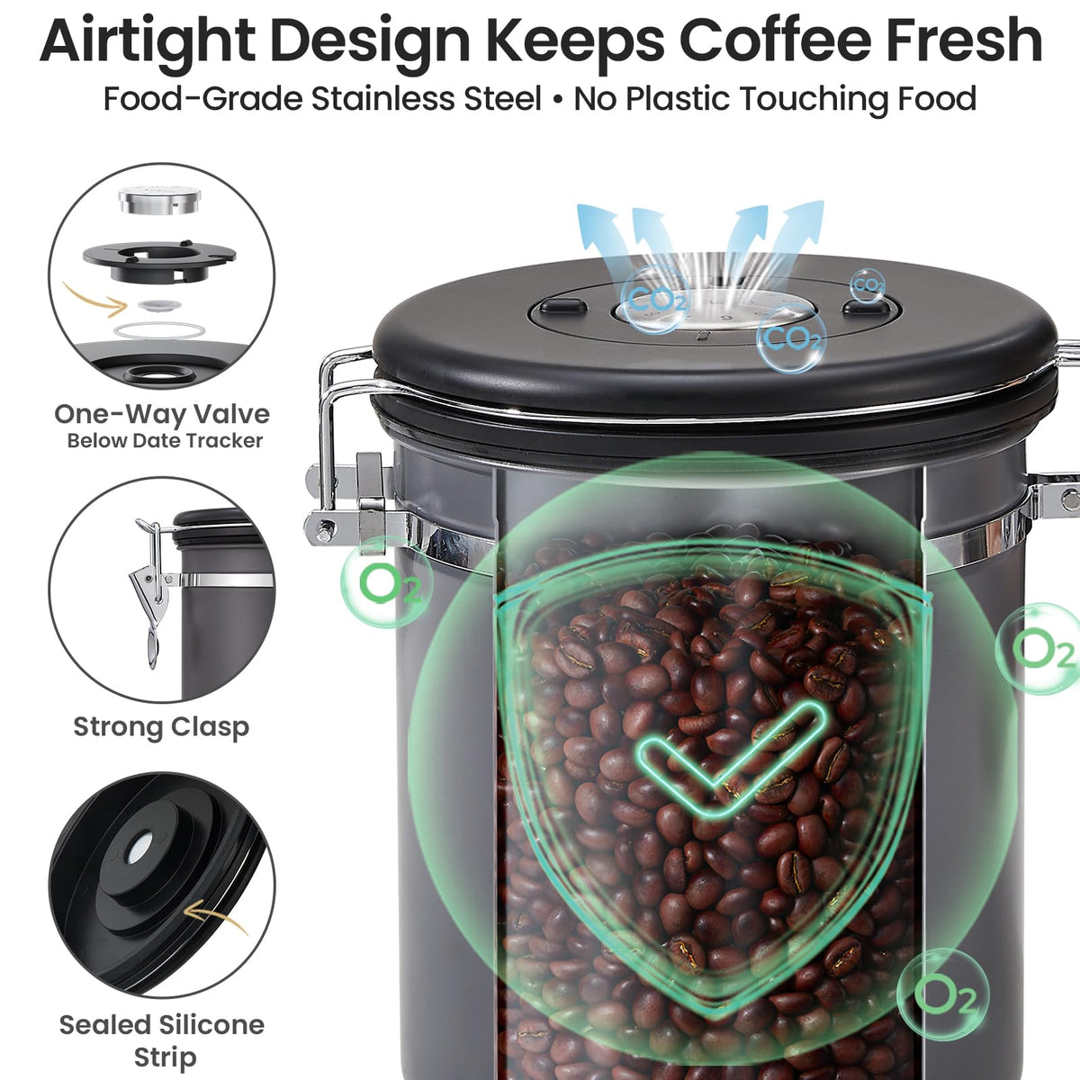 Coffee Canister, Airtight Stainless Steel Food Storage Container,16OZ