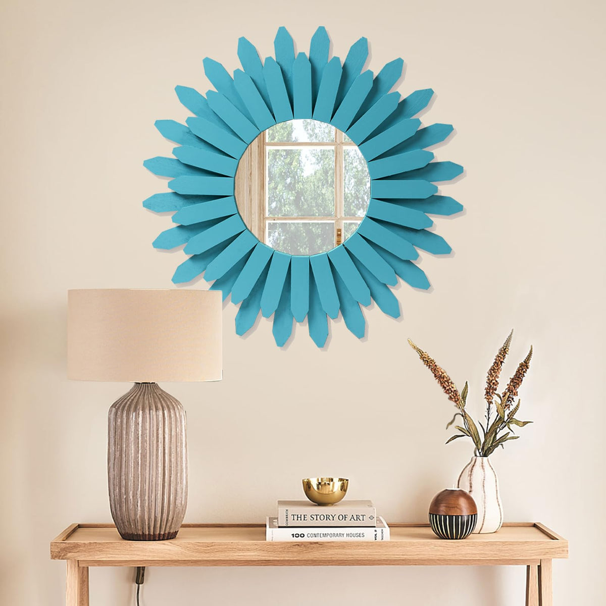 Beach Wall Decor Mirror 21 inch Wood Coastal Wall Decor Sunburst Boho Home Decor Room Decor Living Room Entryway Cyan