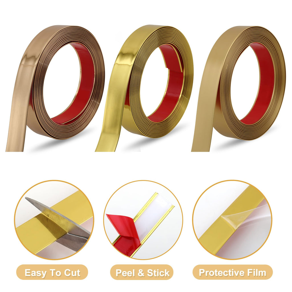 Glossy Gold Finish Molding Trim, 196.8" L x 1.2" W Peel and Stick Decoration Strip for Ceiling, Wall, Tile Edge