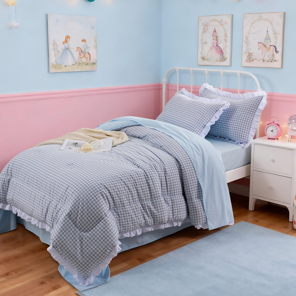 Blue Plaid Ruffle Comforter Sets 5Pcs Bedding