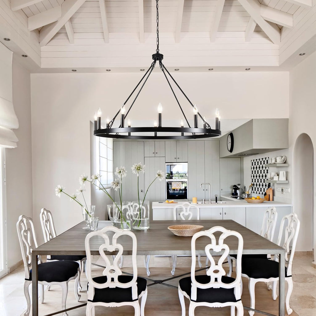 12-Light Black Farmhouse Wagon Wheel Chandelier