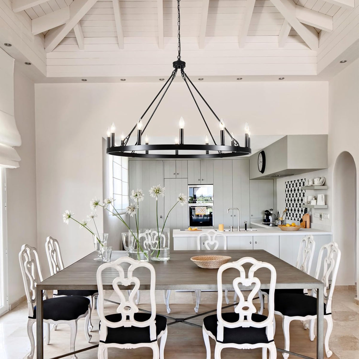 12-Light Black Farmhouse Wagon Wheel Chandelier