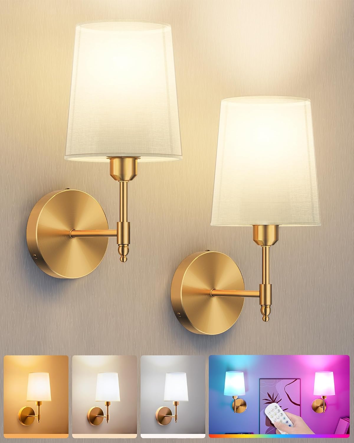 Battery Operated Wall Sconces Set of 2, Wireless Rechargeable Dimmable Wall Light with RGB Bulb and Remote for Bedroom, Living Room, Hallway (Gold)