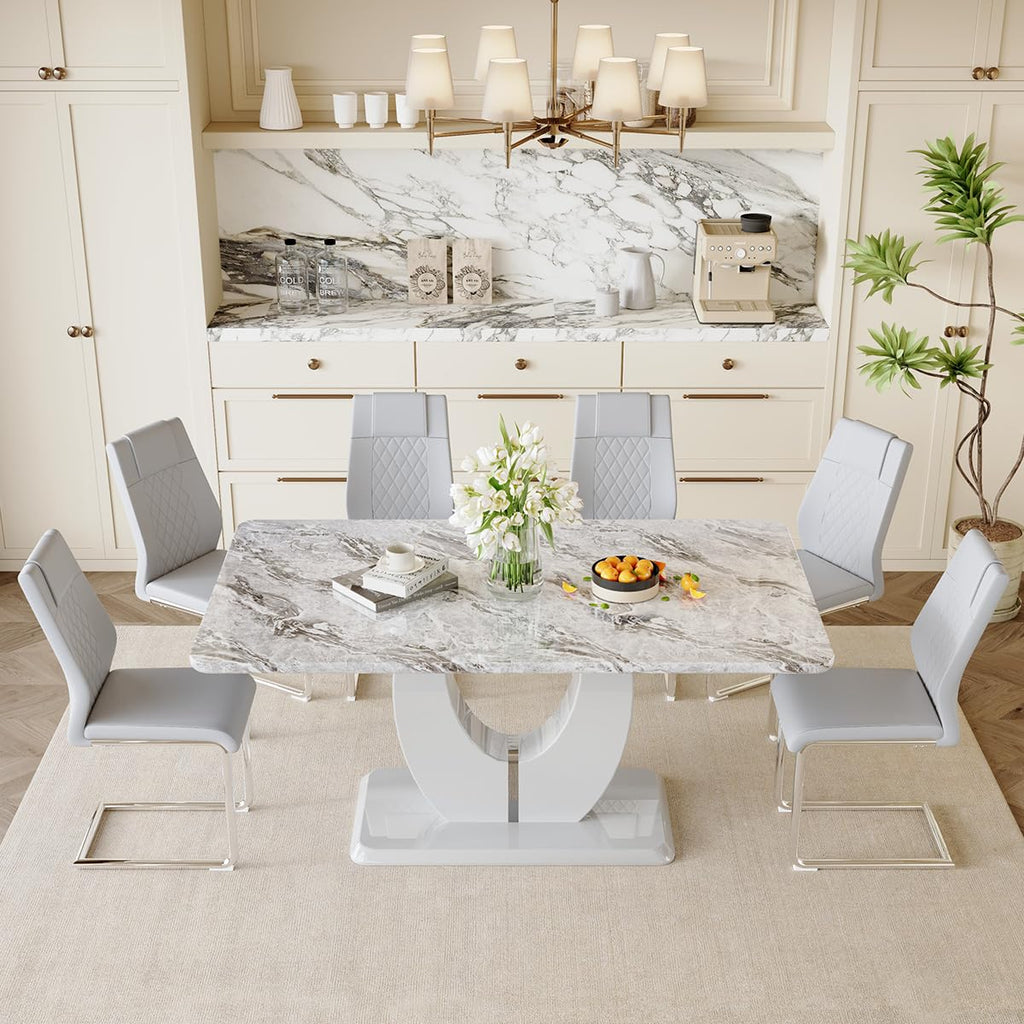 7-Piece Dining Table Set for 6, 63-Inch Faux Marble, Light Grey