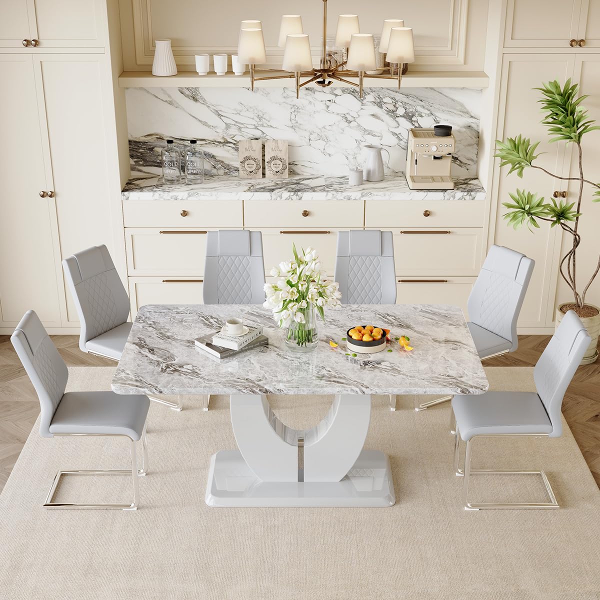 7-Piece Dining Table Set for 6, 63-Inch Faux Marble, Light Grey