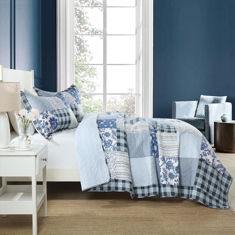 Cotton Patchwork Quilt Sets, Lightweight Reversible Coverlet Bedding Sets with 2 Pillow Shams, Blue White