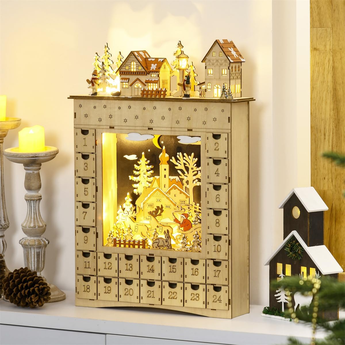 Christmas Wooden Advent Calendar, LED 24 Day Advent Calendar Decorated with Christmas Tree House and LED Lights