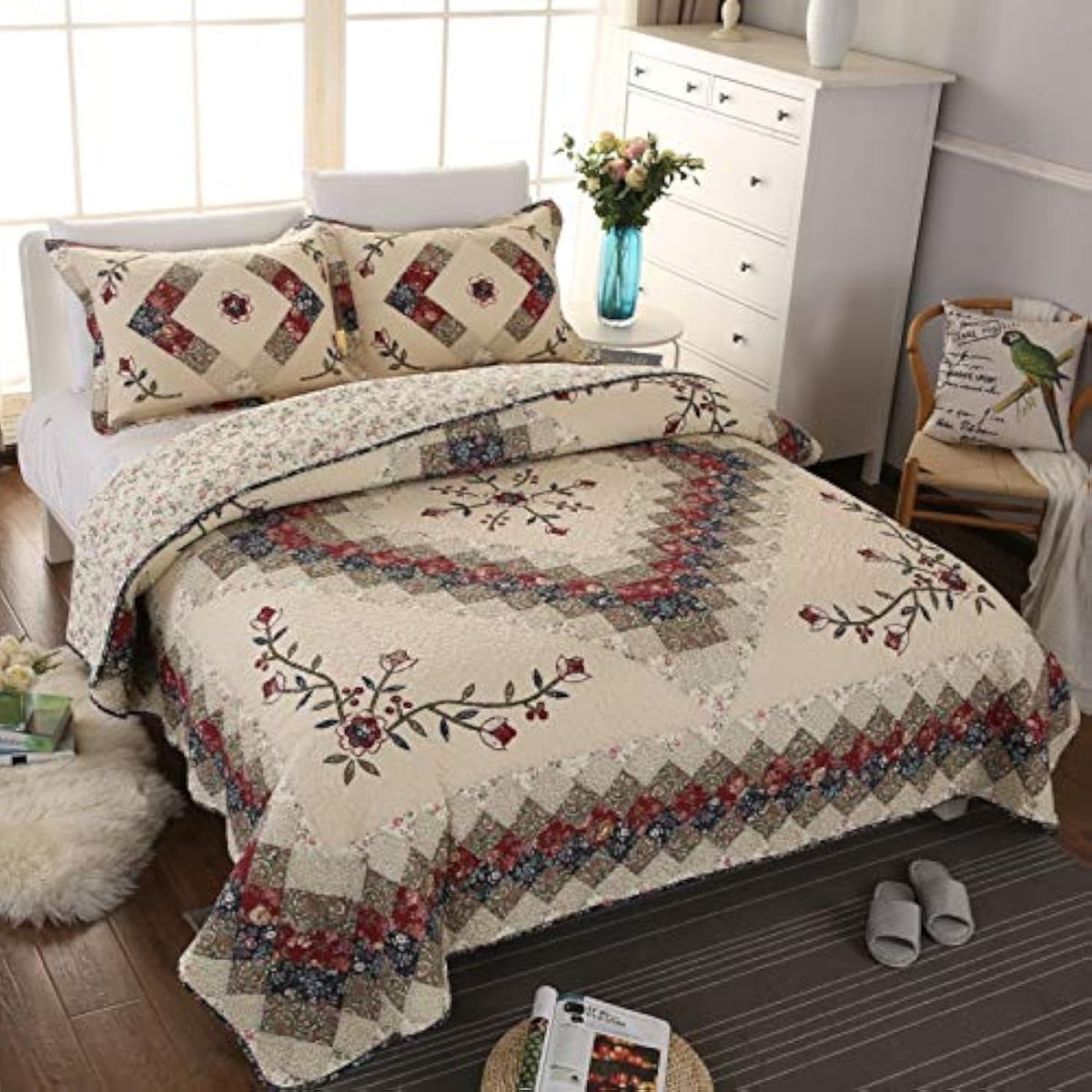 Beige Floral Embroidered Quilt Set 100% Cotton Ethnic Patchwork Bedspread Coverlet Country Rustic