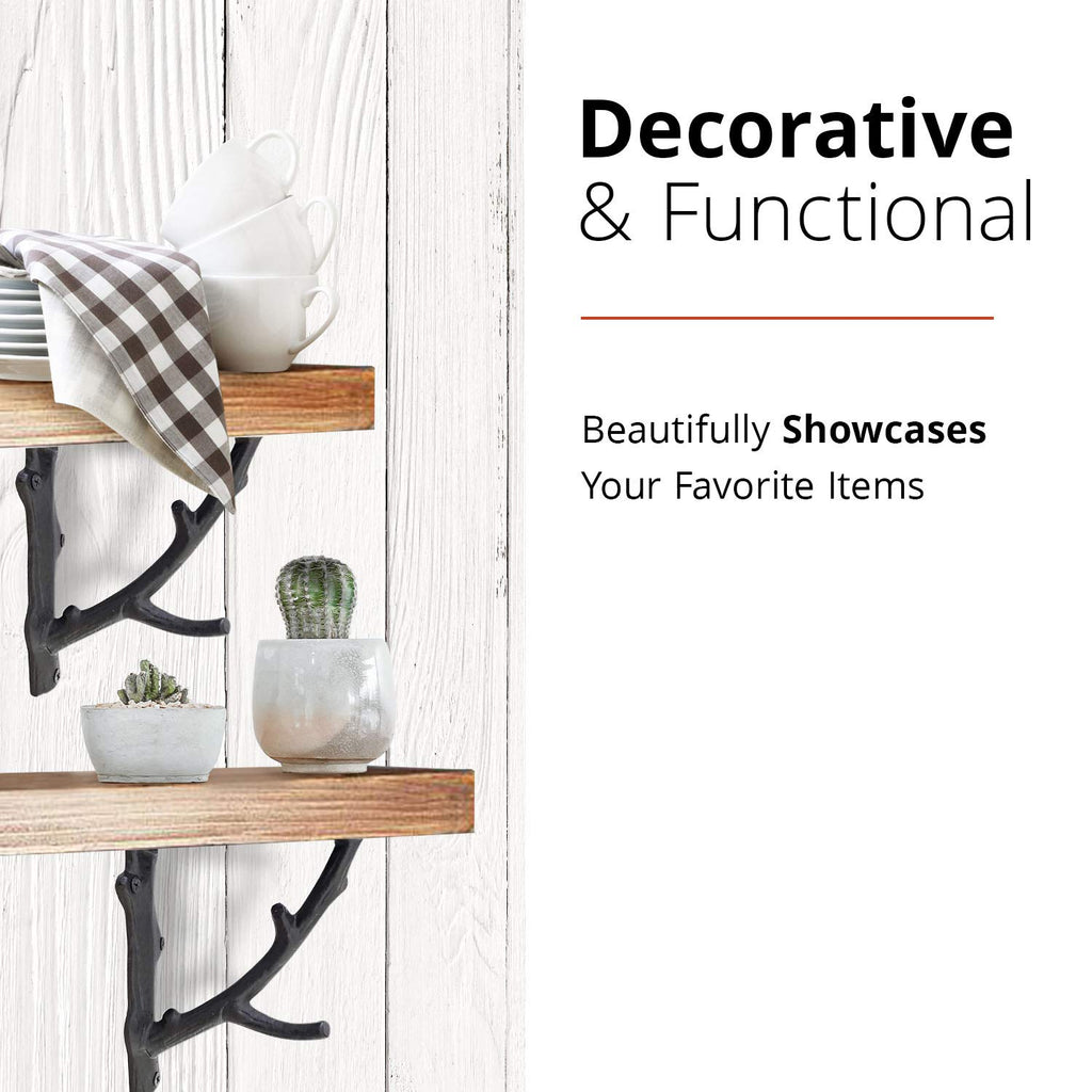 Decorative Shelf Brackets, 2 Pack of 7 x 2 x 7.3 inch, Black Cast Iron Rustic Shelf Brackets - Metal Shelf Brackets