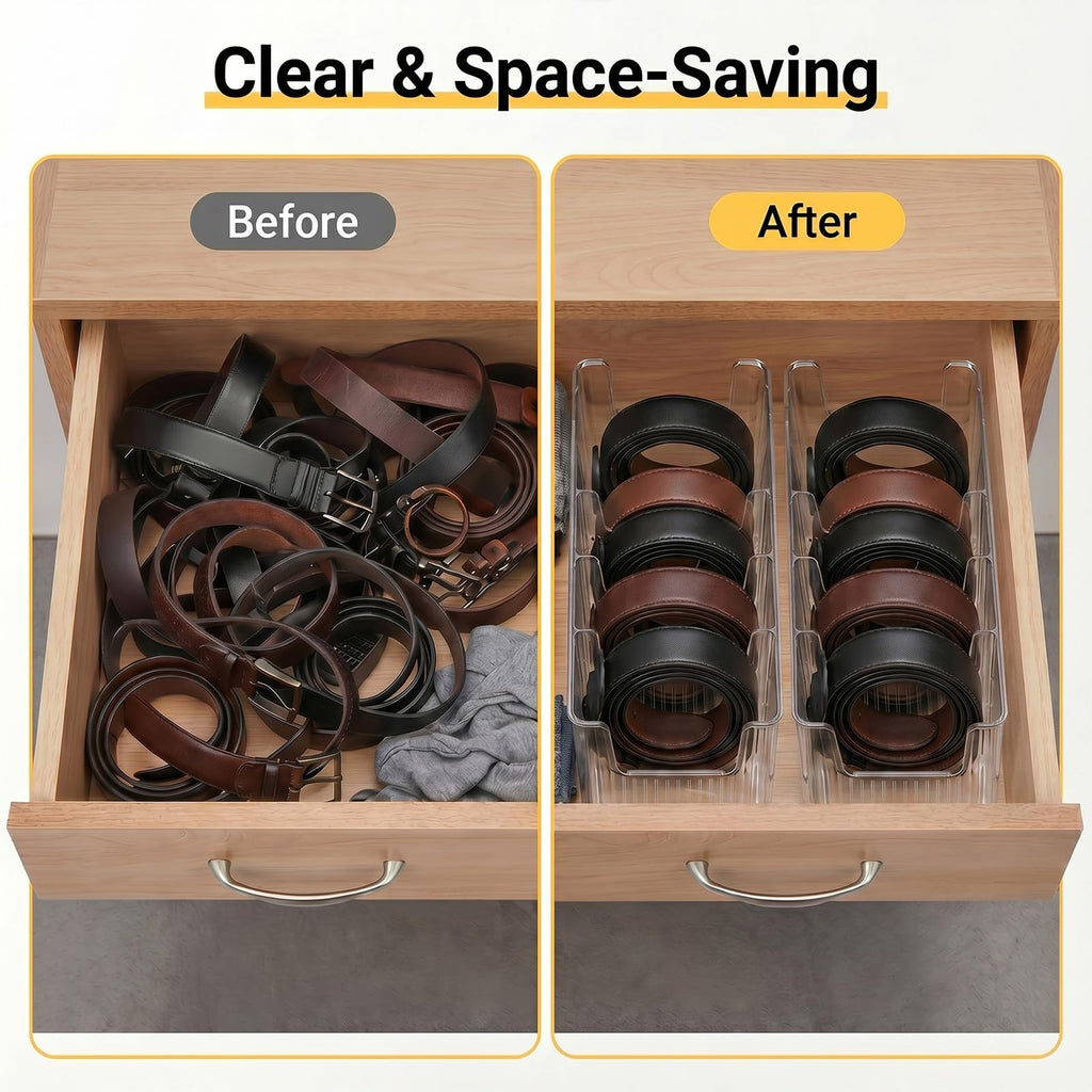 Acrylic Belt Organizer, 2 Pack Clear Belt Storage Box with 4 Adjustable Compartments, Stackable Durable Acrylic Belt