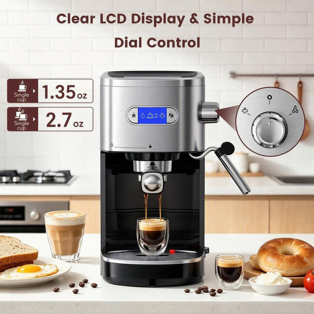 20 Bar Espresso Maker, Semi-Auto Steam Frother, 1.2L, Black