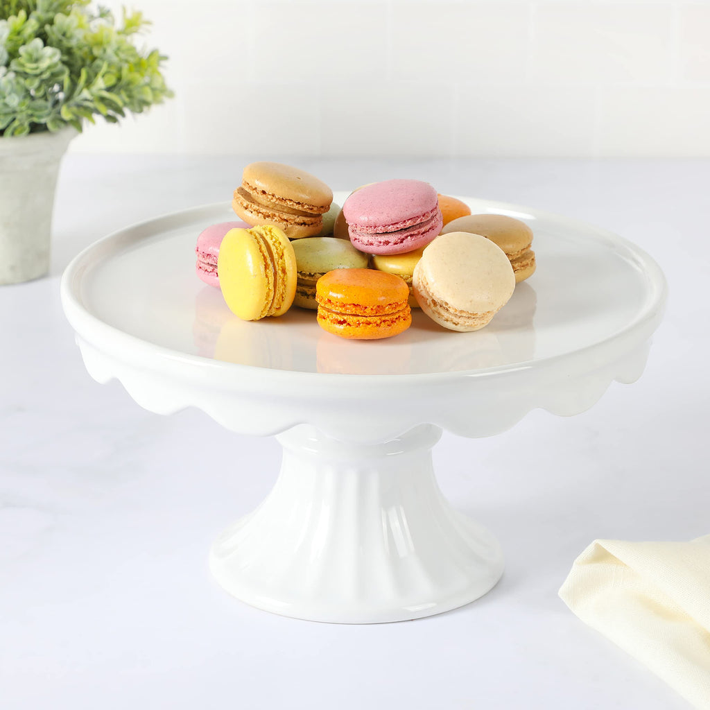 Patterson 10" Round White Stoneware Pedestal Cake Stand, 5.1" Tall - Fits 9" Cakes | Elegeant Display Plate Stand for