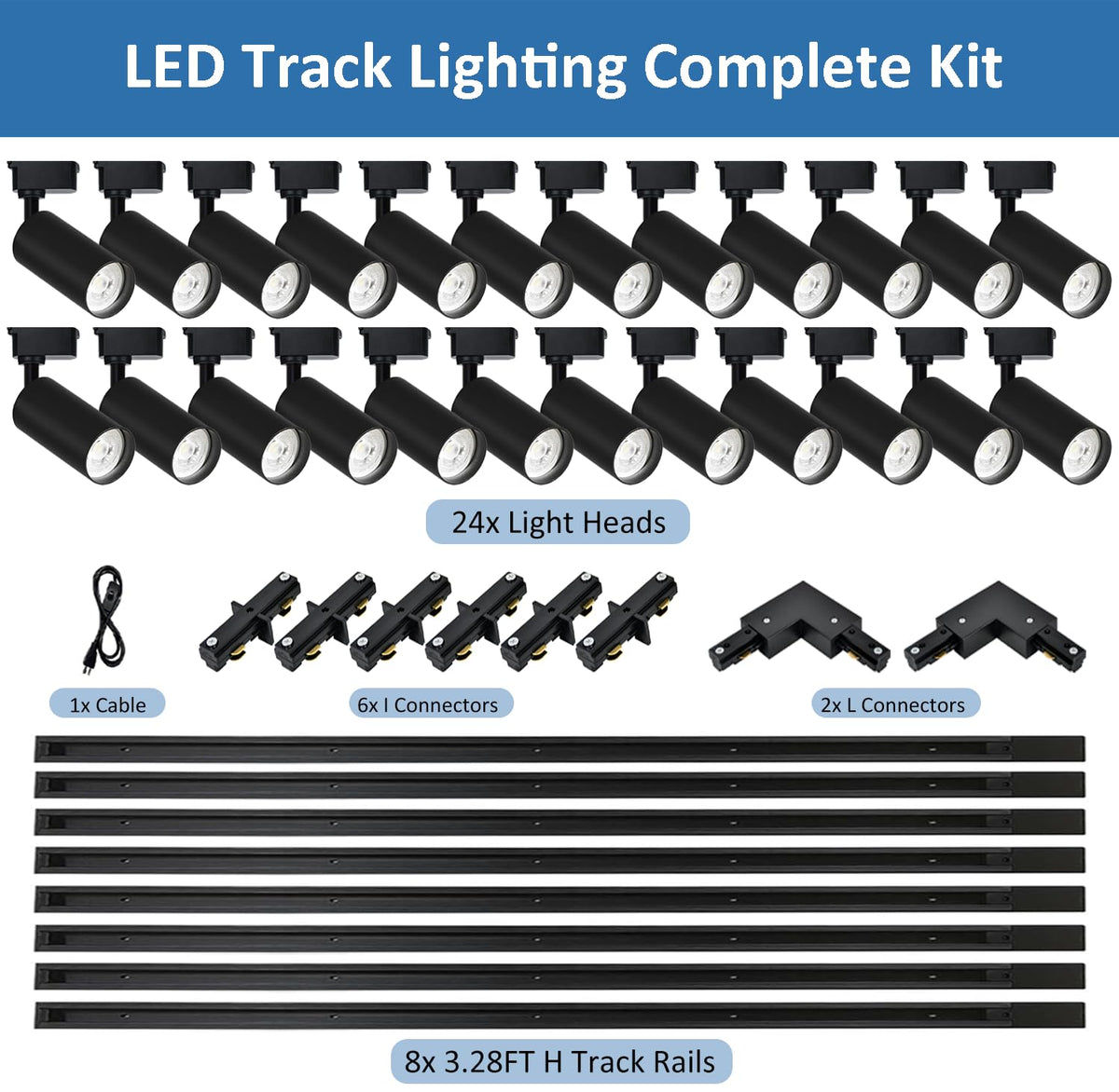 Plug‐in Track Lighting Kit with H‐Type 6000K Cool White 24 Heads