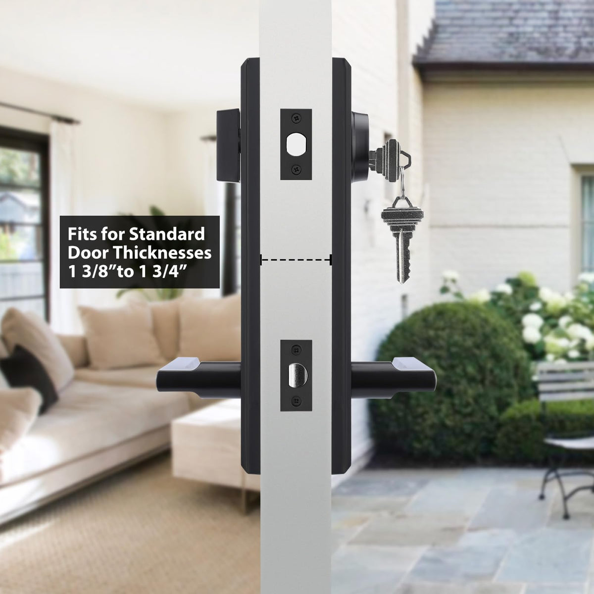 Black Front Door Handle - Entry Door Lever and Deadbolt Set, Matte Black Exterior Door Lock Set, Modern Square Front
