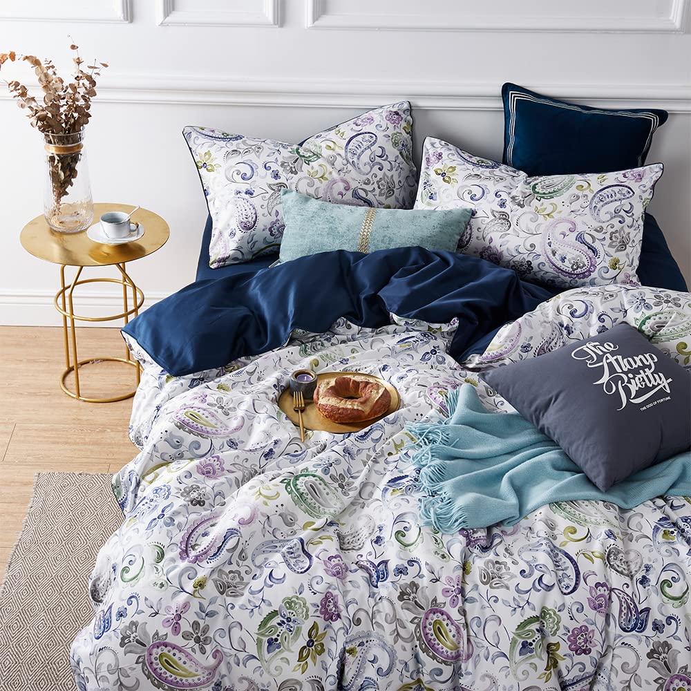 Duvet Cover Set, King, Microfiber, White Paisley Pattern, Boho Floral, 3 Pcs