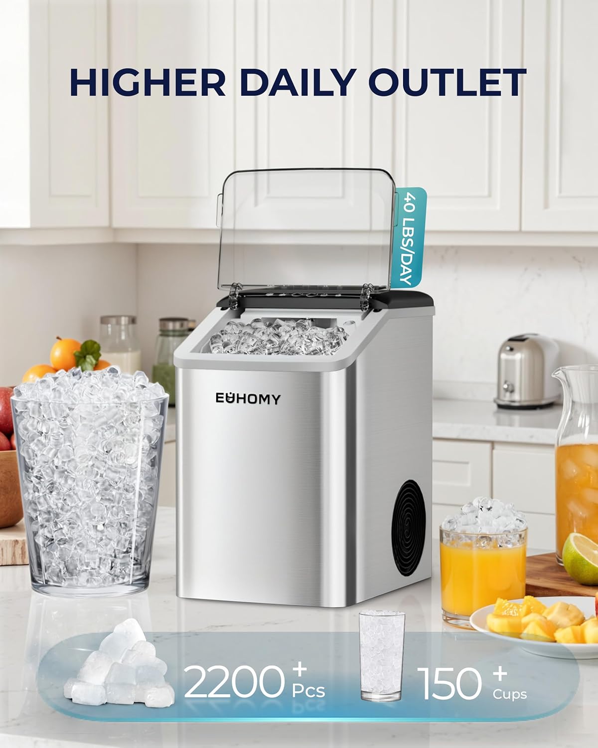 Nugget Ice Maker Countertop, Max 40lbs/Day, Auto-Cleaning, 2Qt Reservoir, Compact Sonic Ice Maker with 2.5lbs Basket
