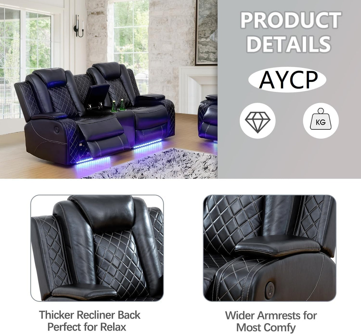 Multifunction Power Air Leather Recliner Sofa Set with LED Lights, Living Room Furniture, Reclining Sofa, loveseat