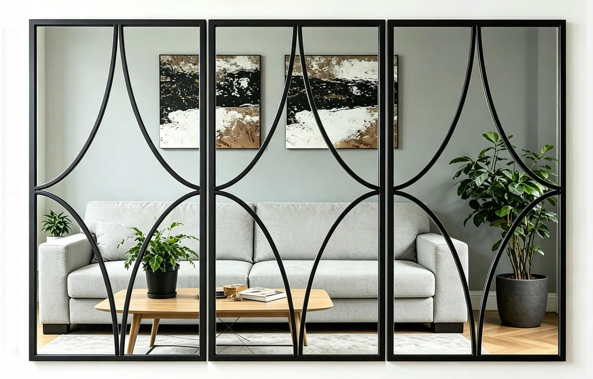 Set of 3 Black Wall Mirrors, Modern Geometric Decorative Mirror Set with Curved Line Design, Contemporary Wall Mirror