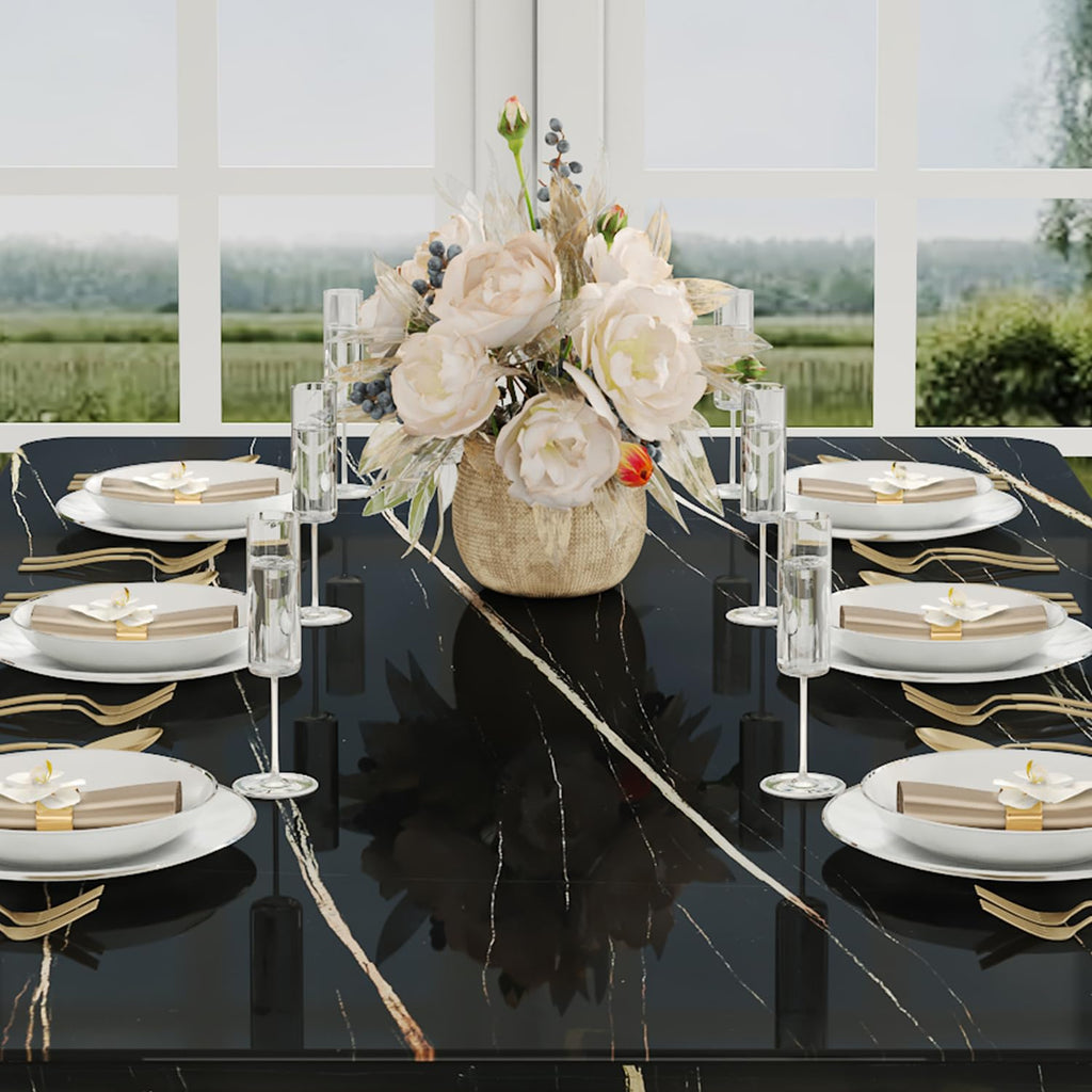 79 Inch Faux Marble Dining Table, Black Rectangular Kitchen Table, 1.8 Inch Thick Mid Century Modern Design, Luxury