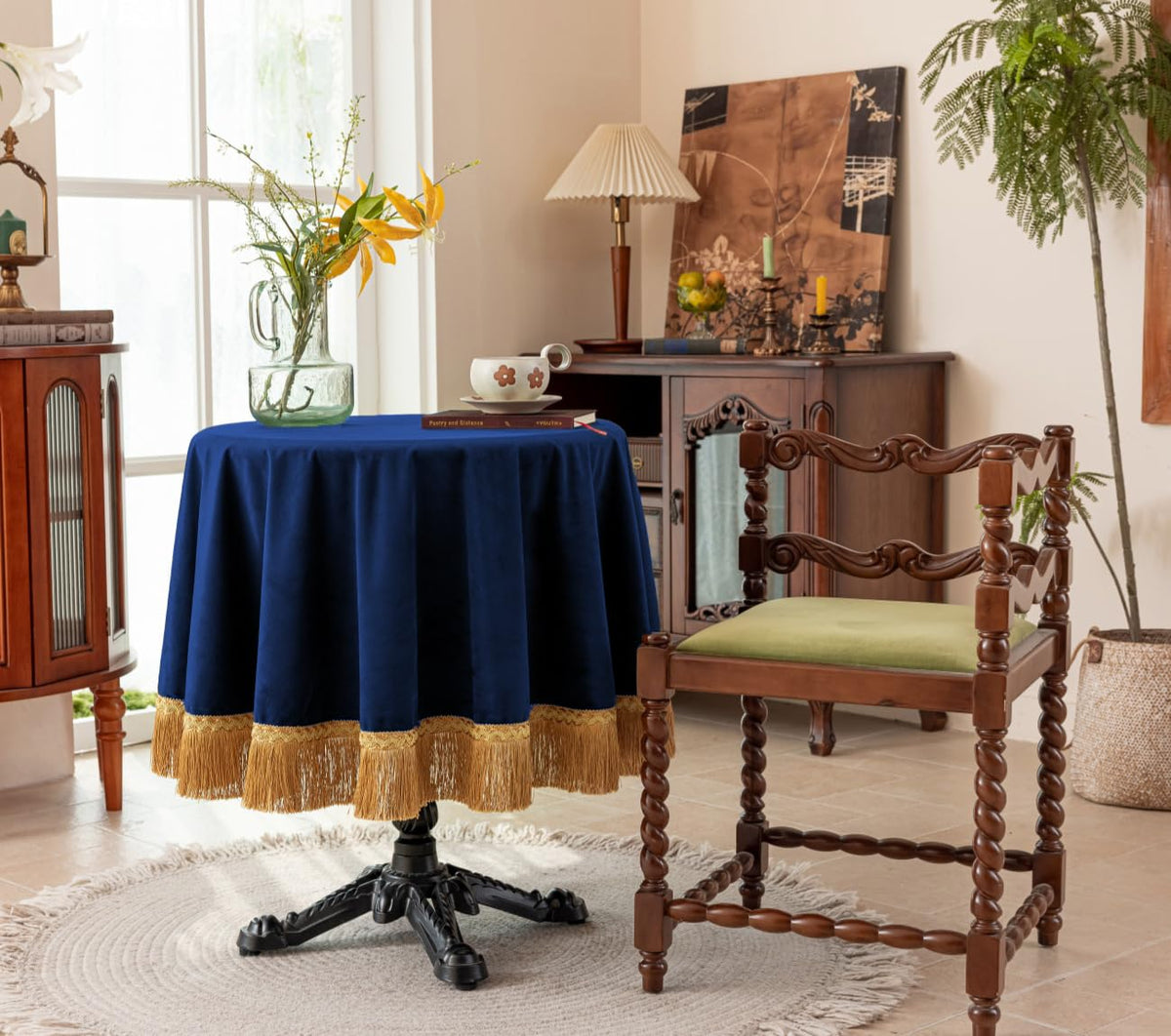 70 Inch Round Velvet Tablecloth, Navy Blue Decorative Table Cover with Gold Tassel Trim, Heavy Soft Plush Fabric