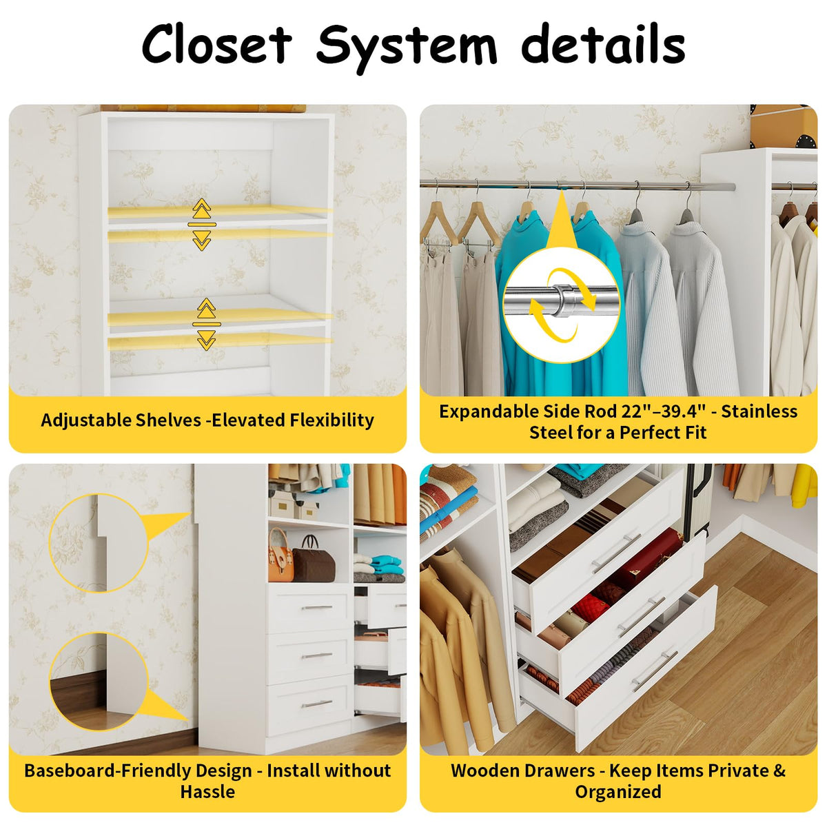 Corner Closet System with 3 Drawers, Closet Organizer System with 6 Hanging Rods 7 Shelves Walk in Wooden Modular