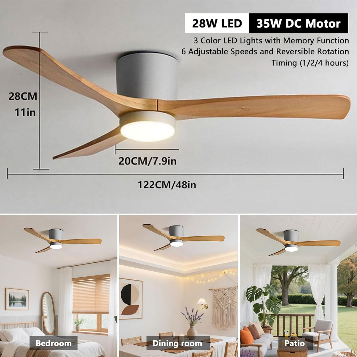 48" Wood Flush Mount Ceiling Fan with Light & Remote