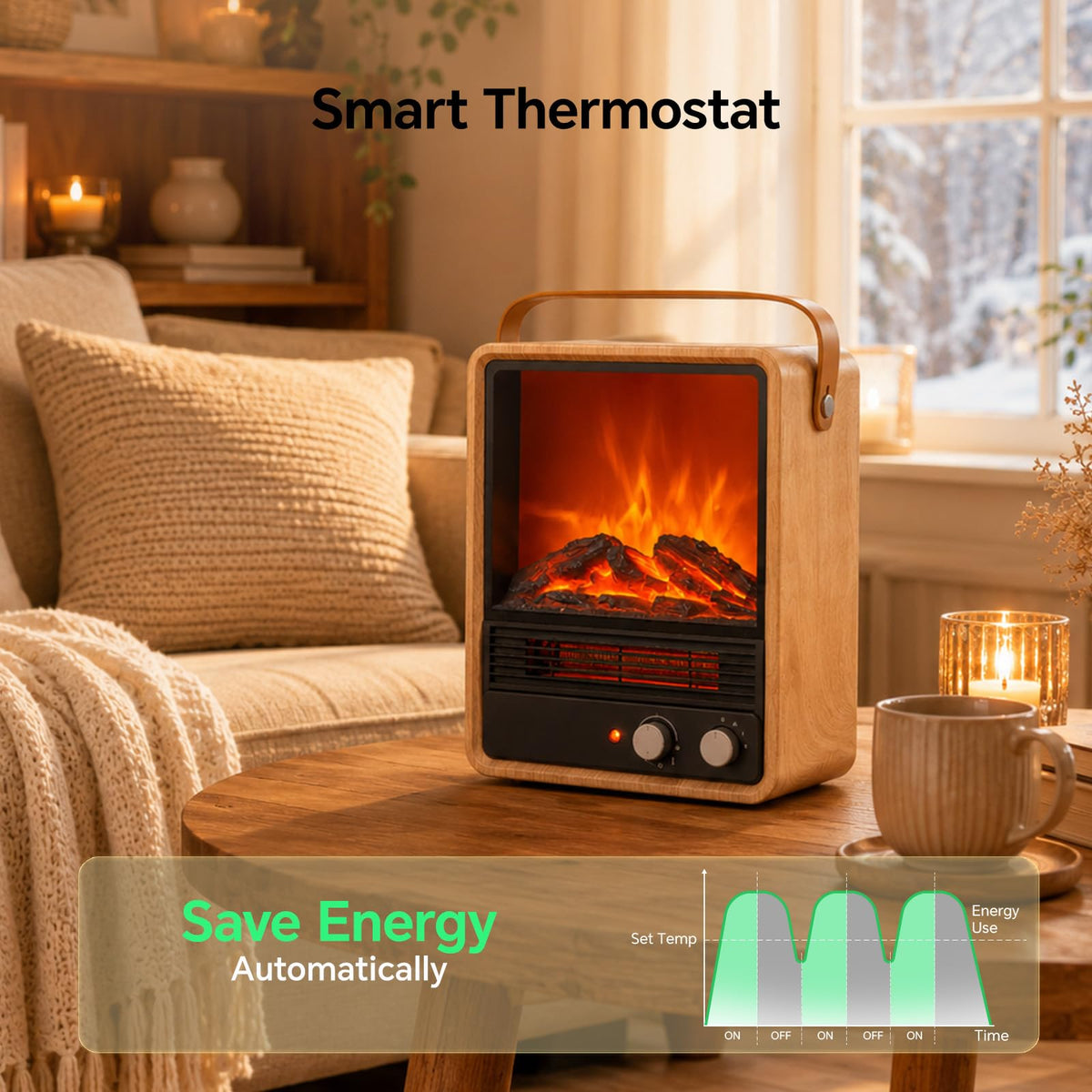 Electric Fireplace Heater, 3D Flame Effect & Sound (Oak)