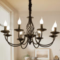 Eight-Light Black French Country Chandelier with Curved Candle Arms