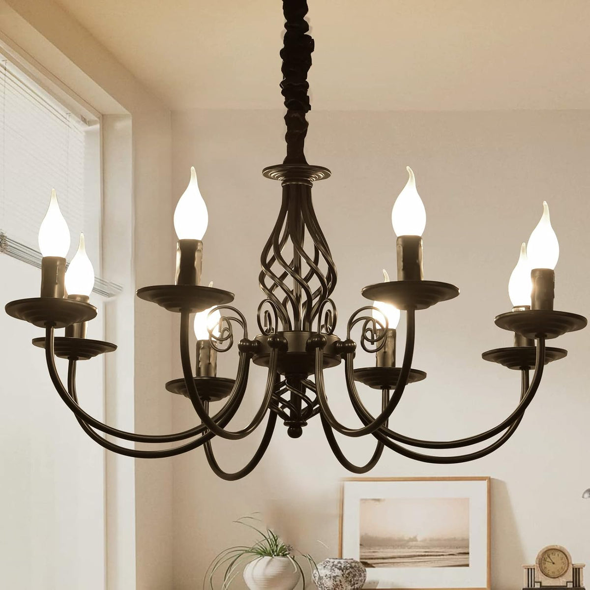 Eight-Light Black French Country Chandelier with Curved Candle Arms