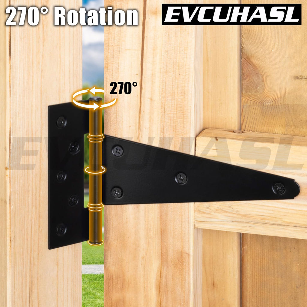 8 Inch T-Strap Gate Hinges, Shed Barn Door Hinges Heavy Duty, Black Tee Hinges for Wooden Fences, Yard Gate, Wrought
