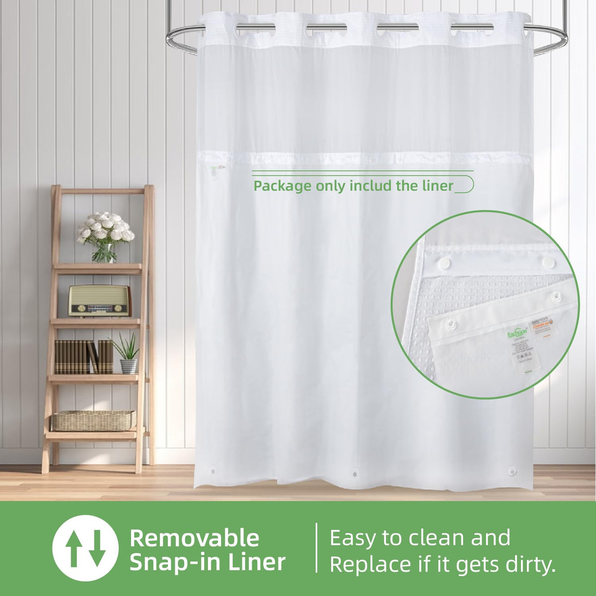 2 Pack PEVA Snap-in Shower Curtain Liner Replacement, Compatible with No Hook Shower Curtain with Snap in Liner