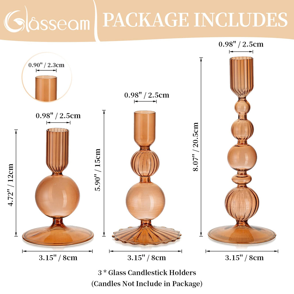 Glass Candlestick Holders, 3 Pcs Amber Unique Taper for Fall Decor