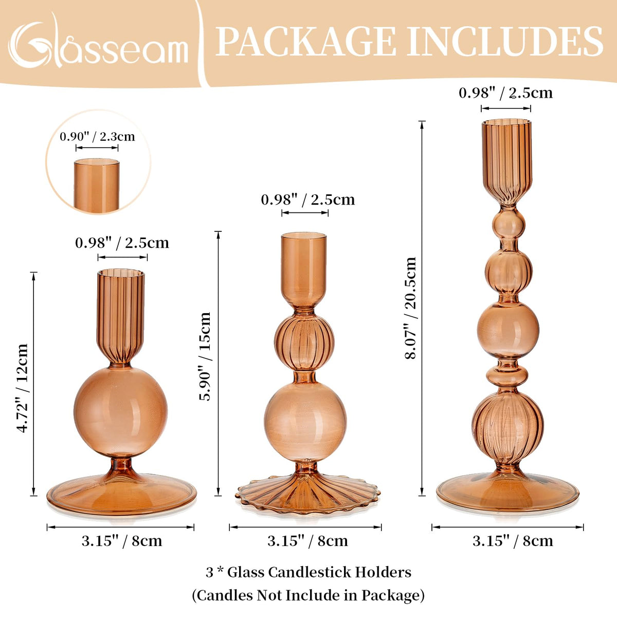 Glass Candlestick Holders, 3 Pcs Amber Unique Taper for Fall Decor