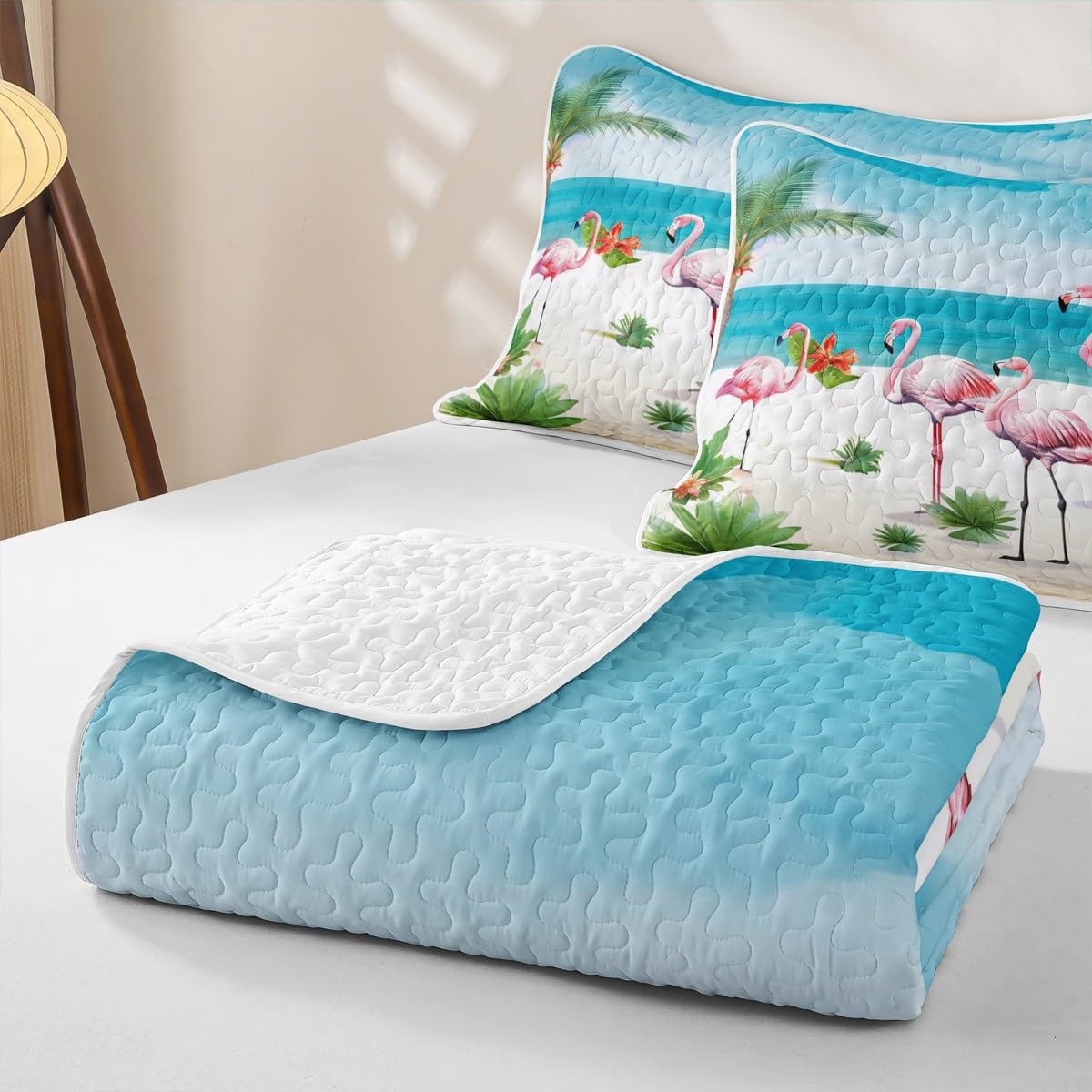 Pink Flamingo Quilt Set Hawaiian Ocean Beach Quilt Cactus
