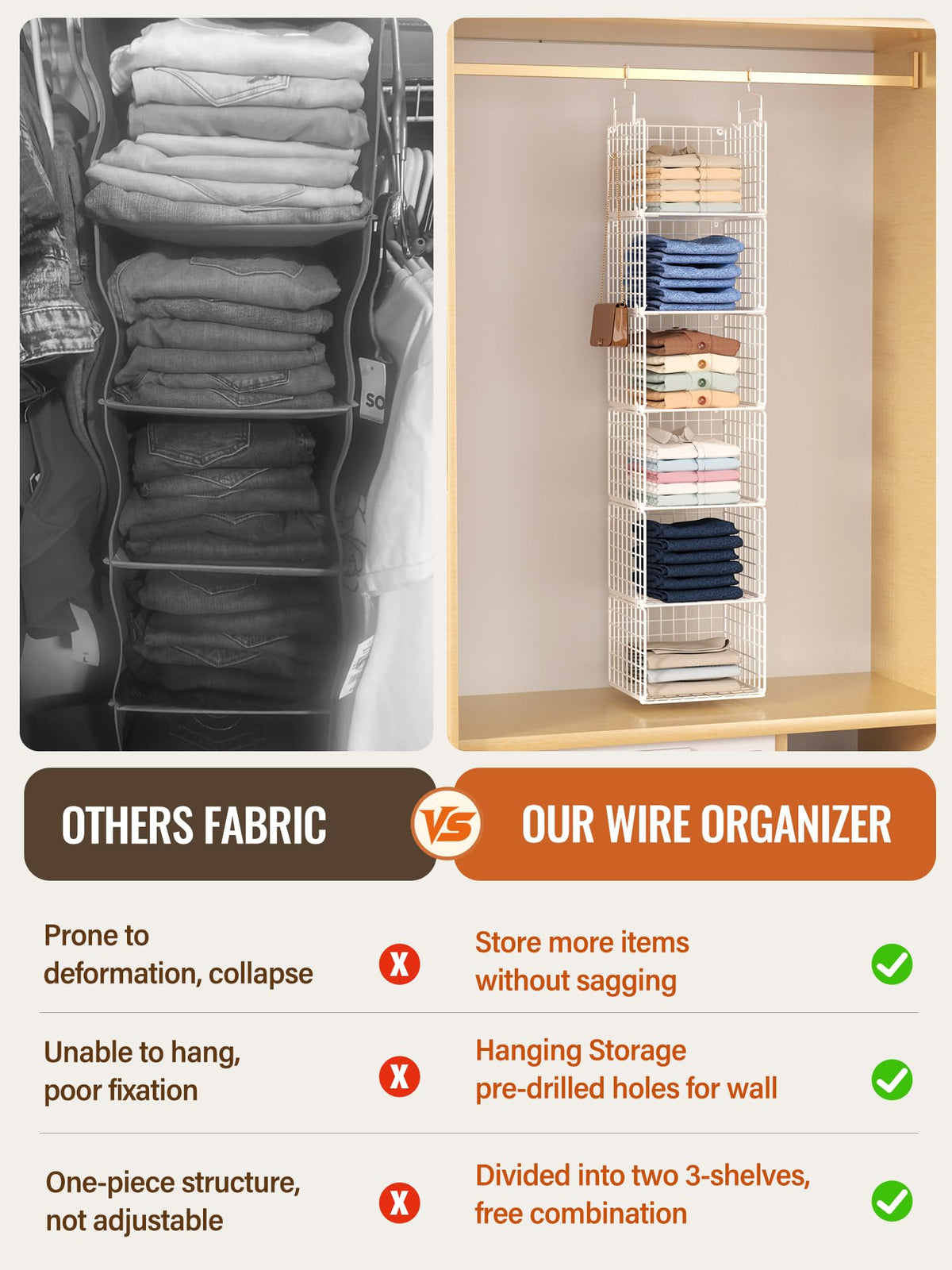 6 Tier Closet Hanging Organizer, Metal Closet Organizers and Storage with 4 Hanging Hooks 4 S-Hooks for Wardrobe