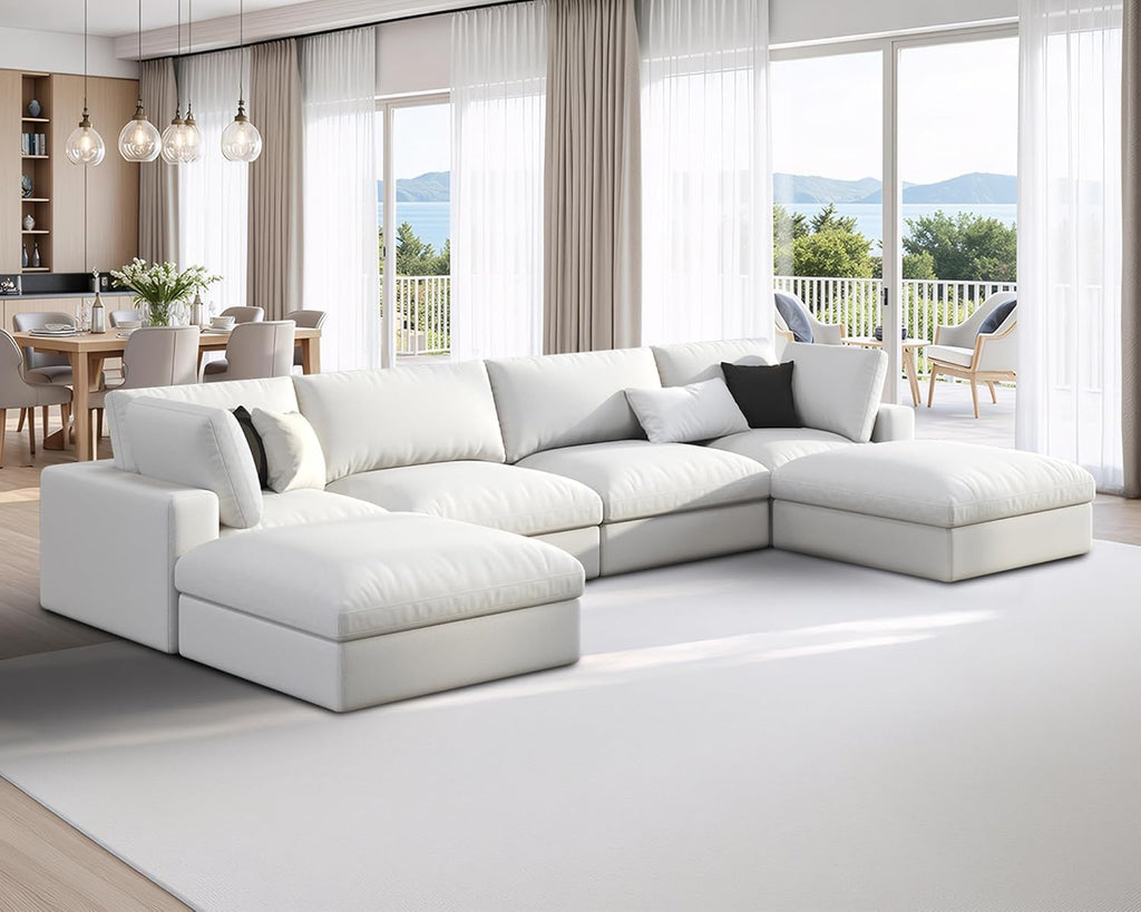 152" Modular Sectional Sofa, 6 Seats U Shaped Cloud Couch, White Linen