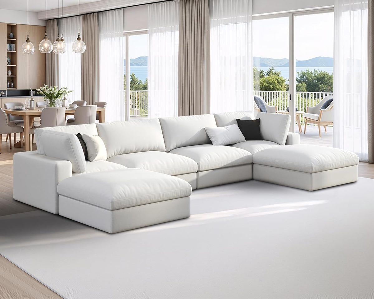 152" Modular Sectional Sofa, 6 Seats U Shaped Cloud Couch, White Linen