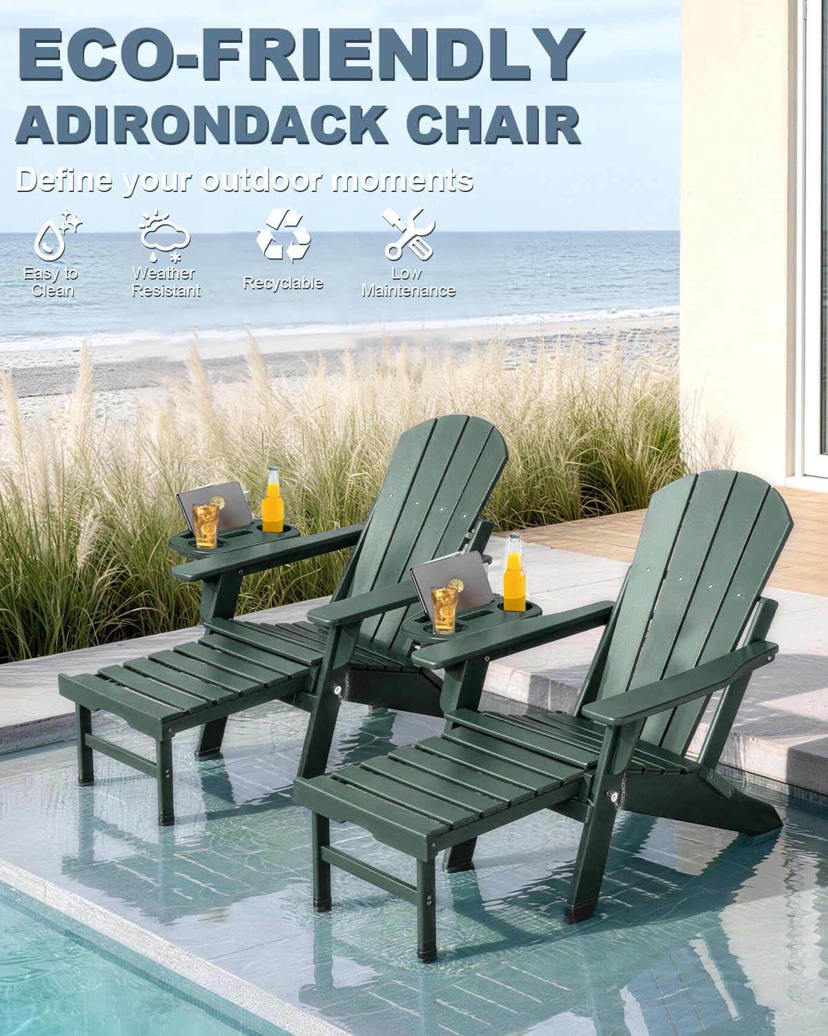 Adjustable Adirondack Chair Set of 2 with Retractable Ottoman