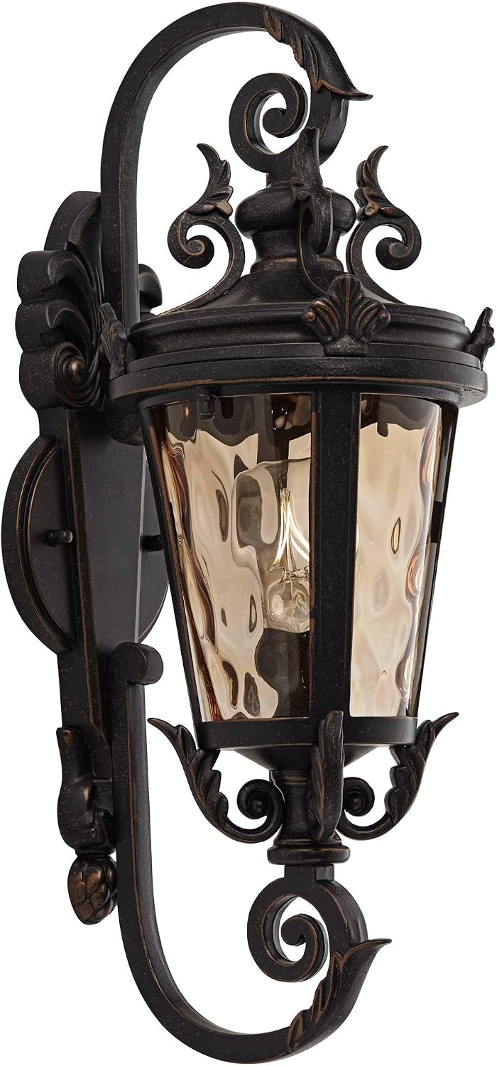 Marseille 19" Bronze Scroll Outdoor Wall Light with Champagne Hammered Glass