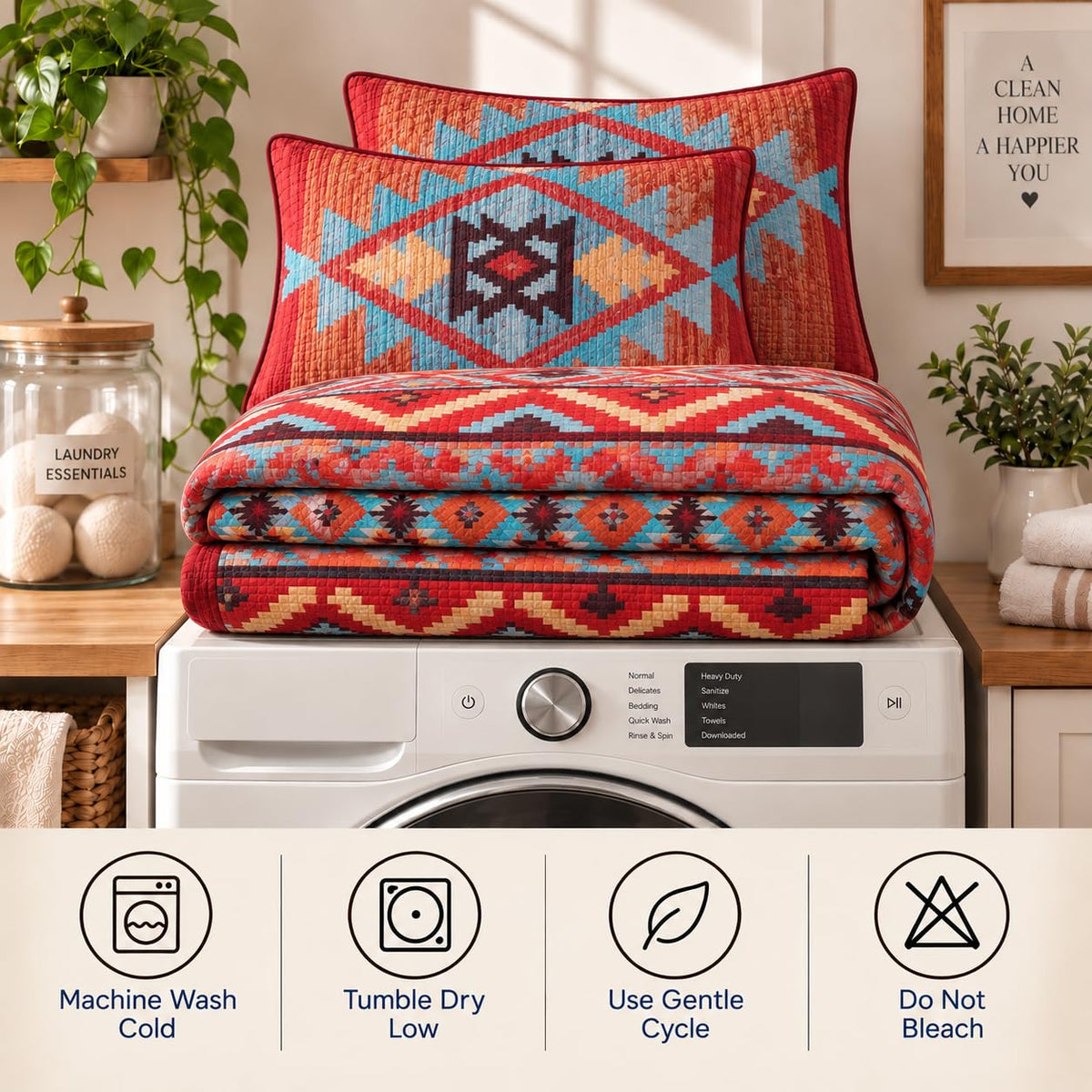 Rustic Western Southwestern Native American Indian Tribal Navajo Quilted Bedspread Set in Turquoise Red Burgundy