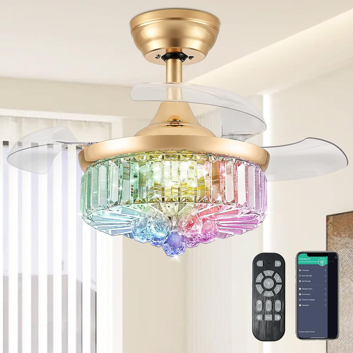 30" Retractable Crystal Ceiling Fan with Light, RGB Modern Fandelier 6 Speeds Reversible Blades Dimmable Chandelier