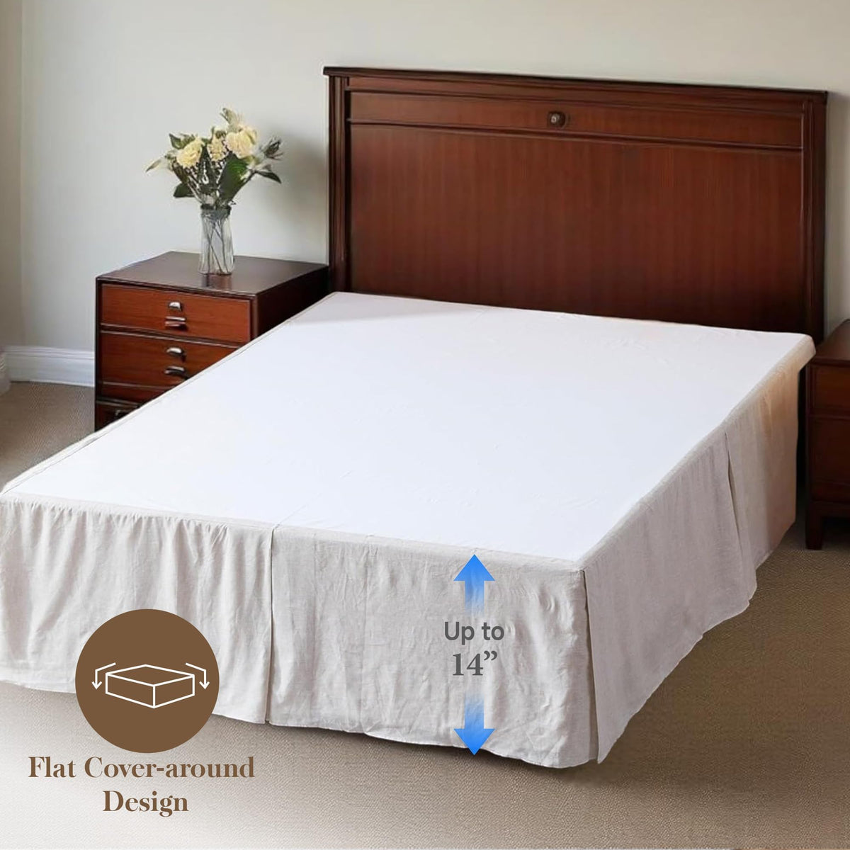 Belgian 100% Linen Bed Skirt with Classic 14 inch Tailored Drop Dust Ruffle, Easy Fit Breathable Premium Natural