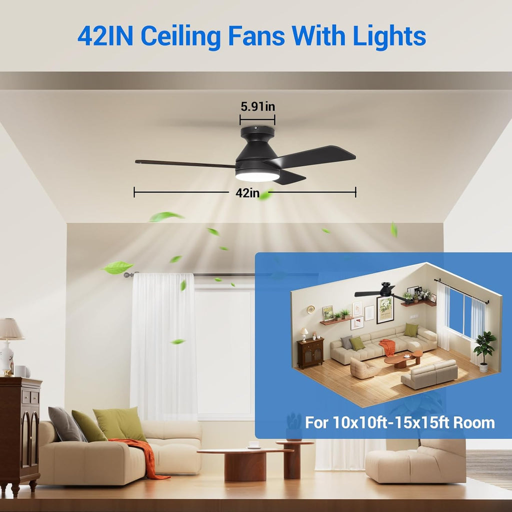 42" Indoor/Outdoor Flush Mount Ceiling Fan with Light & Remote