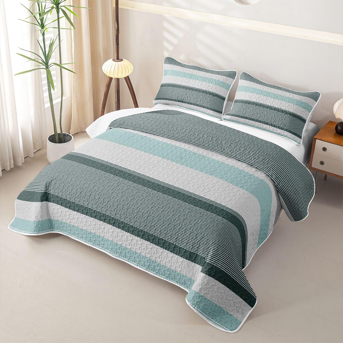 Abstract Geometric Quilt Bedding Set Farmhouse Ticking Stripes Quilted Comforter Mid‐Century Bedspread Coverlet