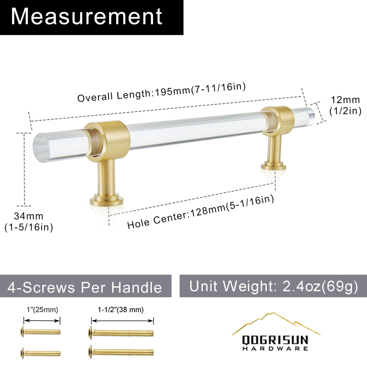 5-Pack Acrylic Cabinet Drawer Pulls, Brushed Brass,5-1/16 Inch